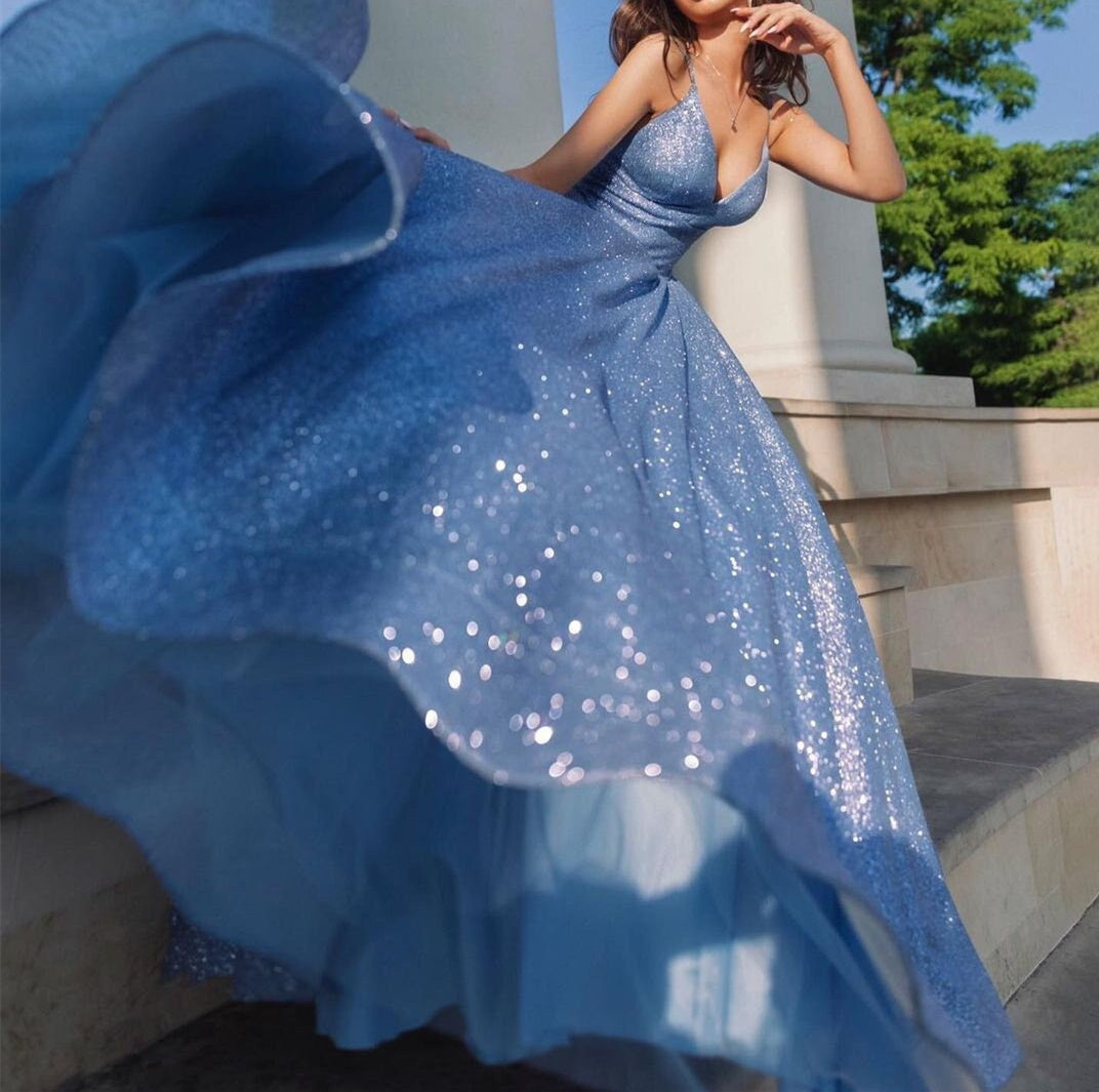 Ball Gown Spaghetti Straps V-Neck Blue Sequined Lace Floor-length Long Prom Dresses BabaMila