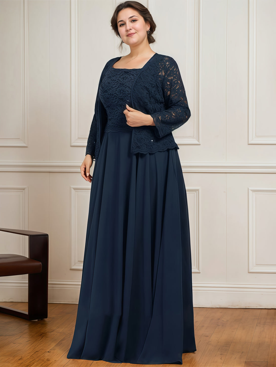 A-Line Square Neck Long Sleeve Floor-Length Lace/Chiffon/Sequins Mother of the Bride Dress With Jacket BabaMila