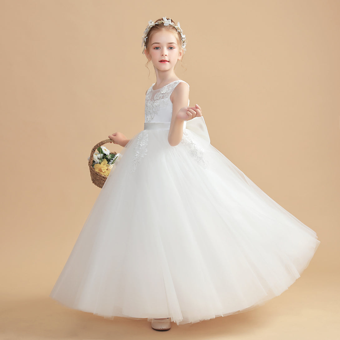 Ball Gown Sleeveless Scoop Neck Floor-Length Tulle/Lace/Satin Flower Girl Dresses/First Communion Dress With Appliques/Bow Gidiondress