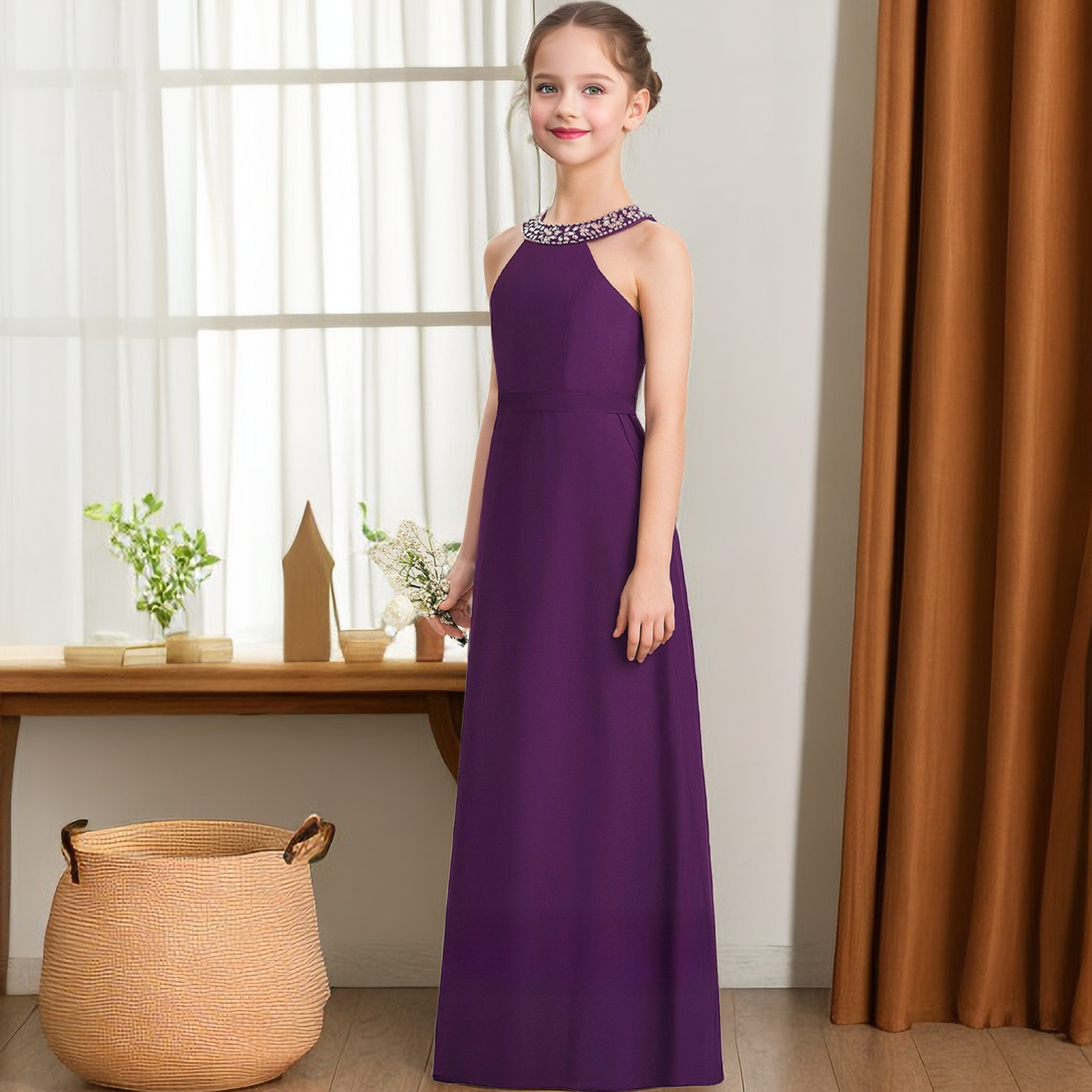 Floor-Length Chiffon Junior Bridesmaid Dresses/Girls Birthday Dresses With Beads/Belt Girls Gidiondress as picture 12M