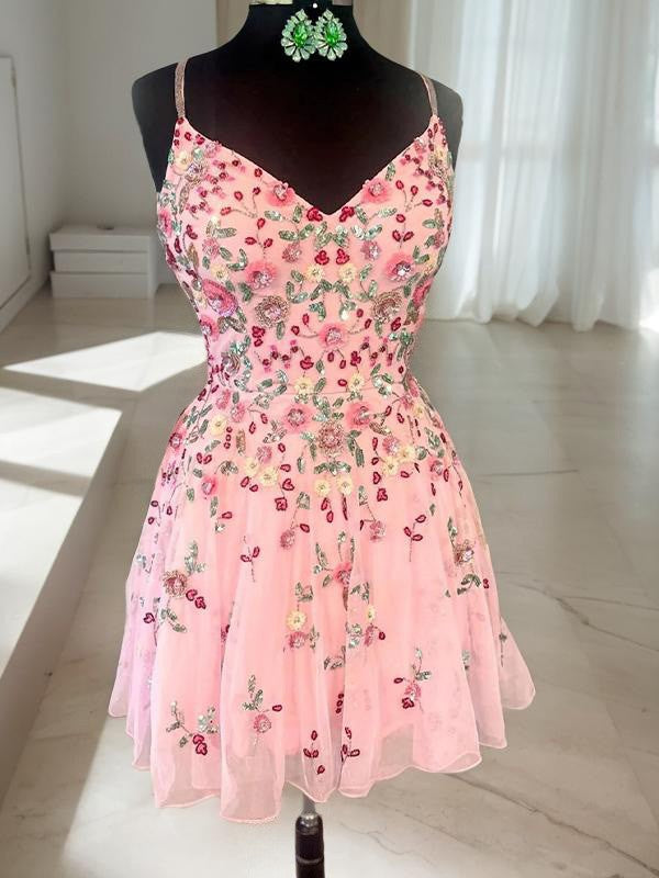 A-line/Princess Straps Short/Mini Lace Homecoming Dress with Appliques Lace BabaMila