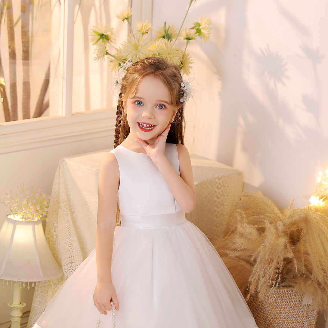 Princess Scoop Neck Sleeveless Tulle/Satin Ivory Tea-Length Flower Girl Dresses/Party Dresses With Belt Girls Gidiondress