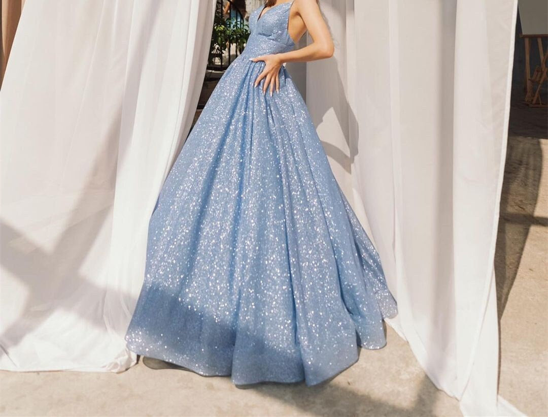 Ball Gown Spaghetti Straps V-Neck Blue Sequined Lace Floor-length Long Prom Dresses BabaMila