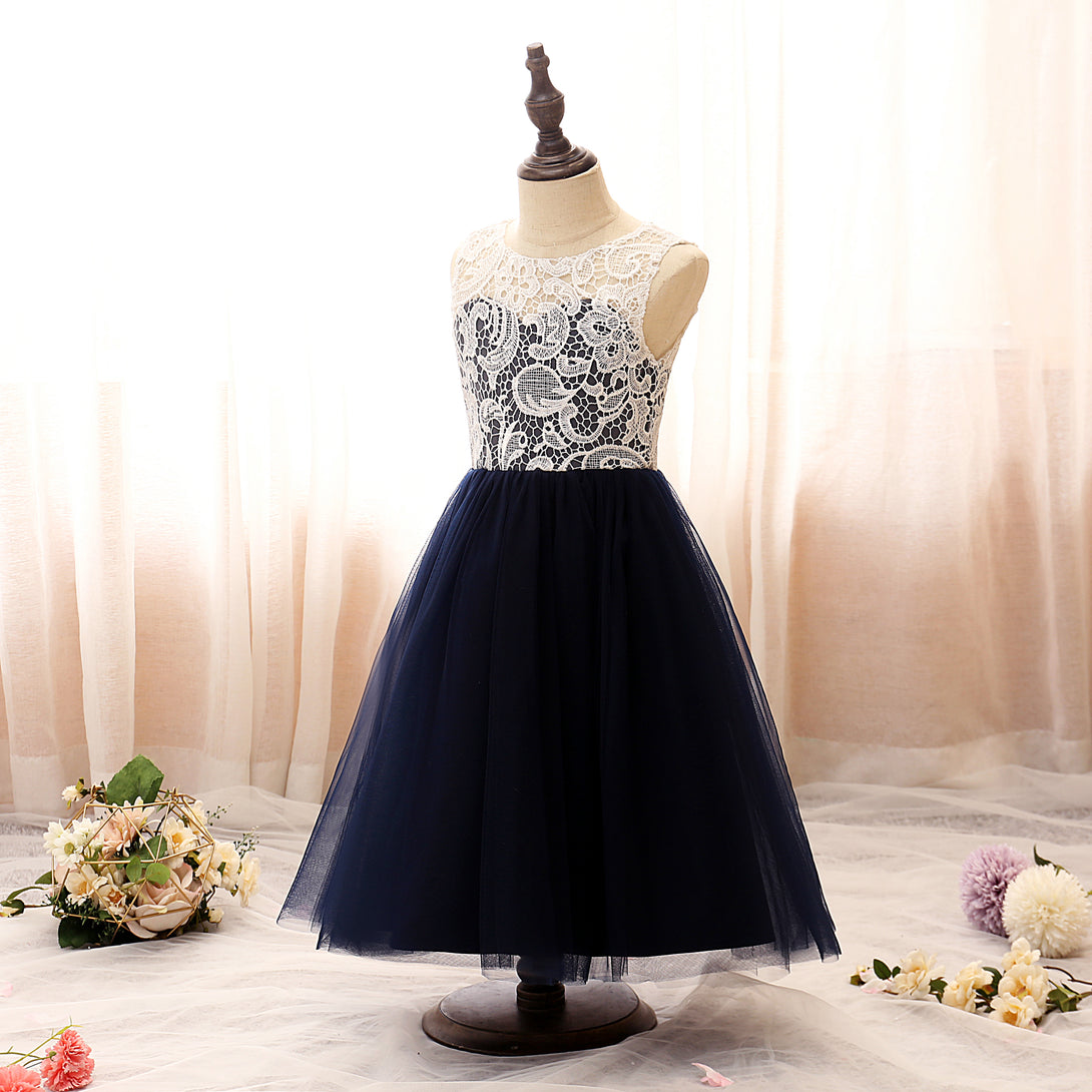 Boat Neck Sleeveless Knee-Length Tulle/Lace Girls Birthday Dresses Gidiondress