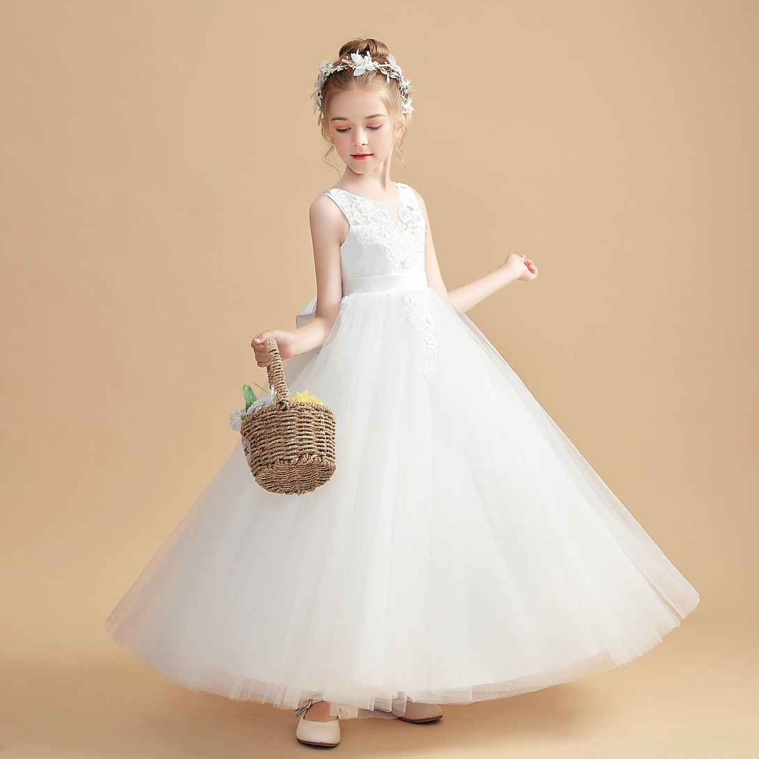 Ball Gown Sleeveless Scoop Neck Floor-Length Tulle/Lace/Satin Flower Girl Dresses/First Communion Dress With Appliques/Bow Gidiondress