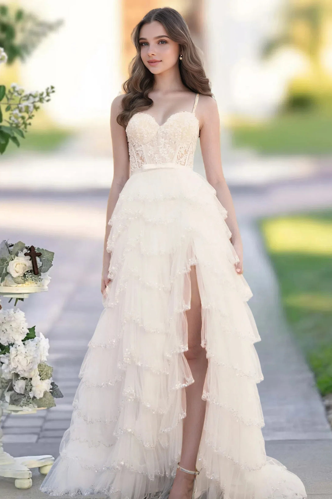 A-line Corset Tiered Ruffle Slit Prom Dress with Appliqued Sequins BabaMila