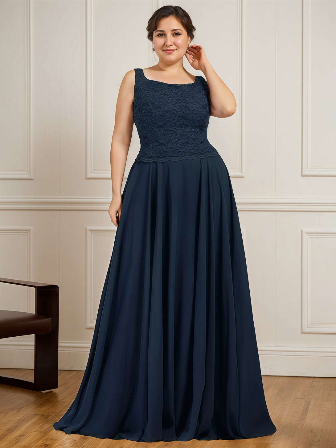 A-Line Square Neck Long Sleeve Floor-Length Lace/Chiffon/Sequins Mother of the Bride Dress With Jacket BabaMila