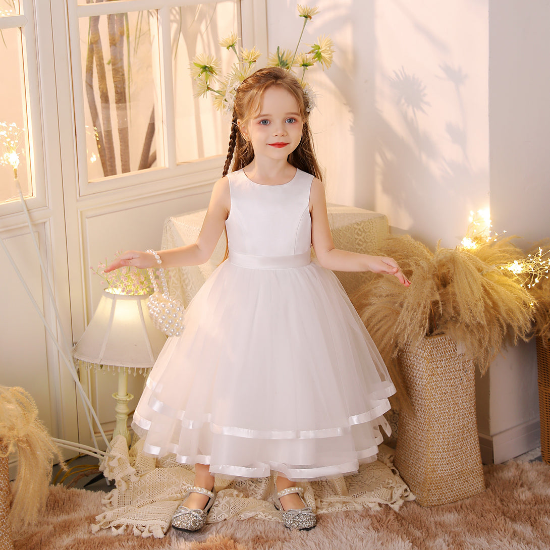 Princess Scoop Neck Sleeveless Tulle/Satin Ivory Tea-Length Flower Girl Dresses/Party Dresses With Belt Girls Gidiondress Ivory 12M