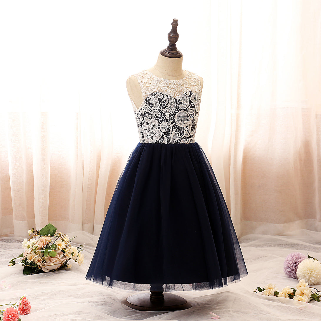 Boat Neck Sleeveless Knee-Length Tulle/Lace Girls Birthday Dresses Gidiondress