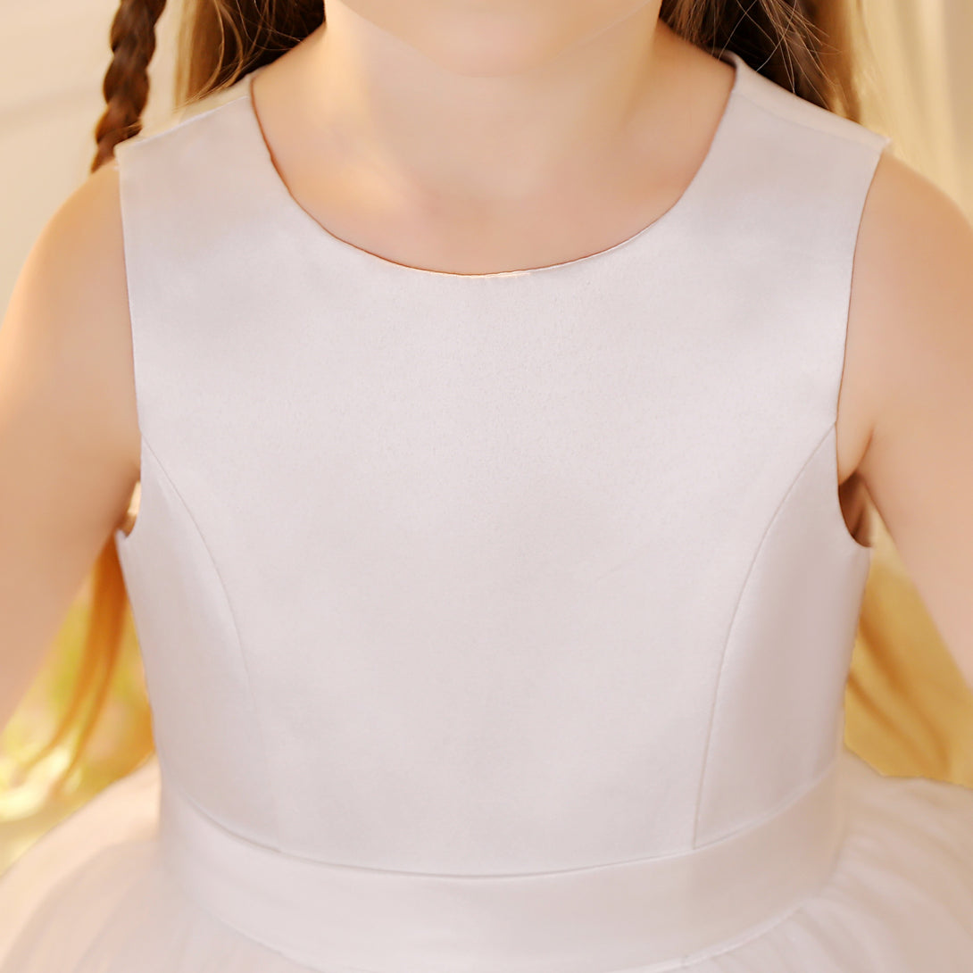 Princess Scoop Neck Sleeveless Tulle/Satin Ivory Tea-Length Flower Girl Dresses/Party Dresses With Belt Girls Gidiondress
