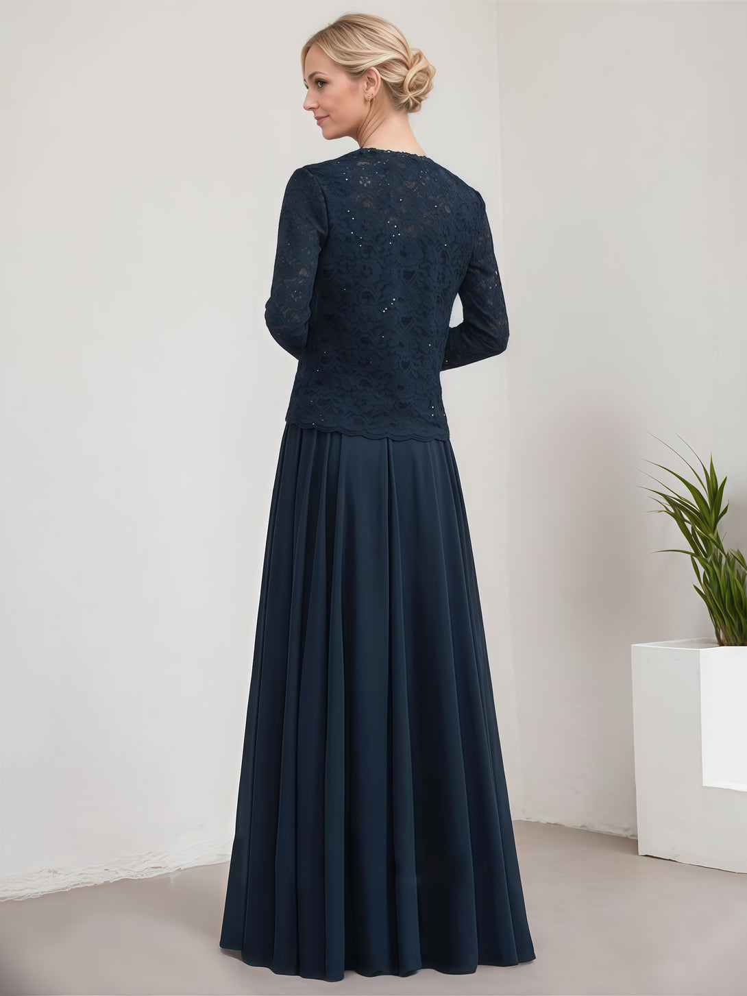A-Line Square Neck Long Sleeve Floor-Length Lace/Chiffon/Sequins Mother of the Bride Dress With Jacket BabaMila