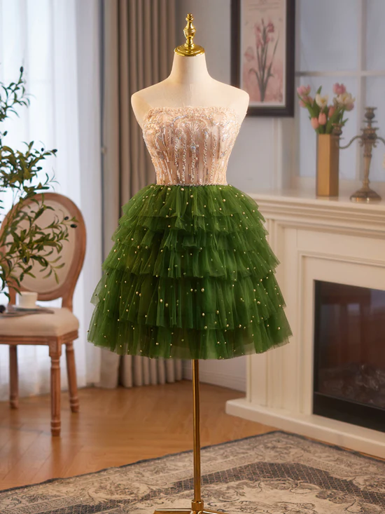 Champagne/Green Tulle Lace Short Prom Dress, Cute Homecoming Dress Homecoming Dress BabaMila
