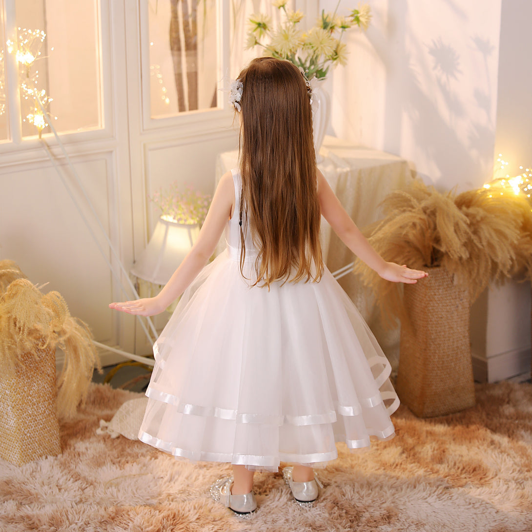 Princess Scoop Neck Sleeveless Tulle/Satin Ivory Tea-Length Flower Girl Dresses/Party Dresses With Belt Girls Gidiondress