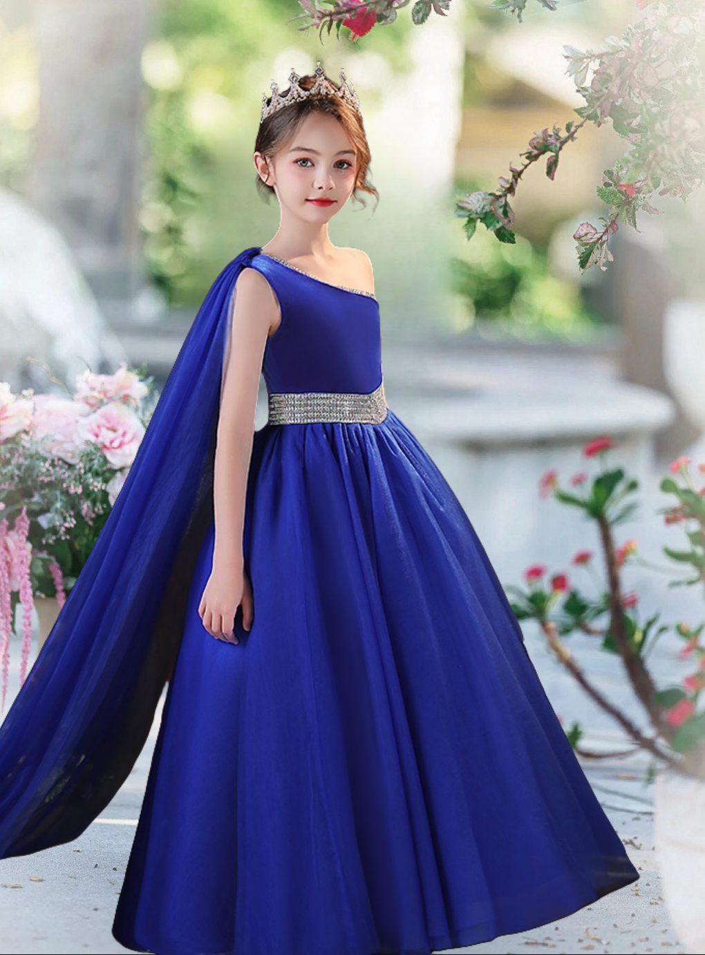 Ball Gown One-Shoulder Sleeveless Floor-Length Satin Flower Girl Dresses With Beads Belt Girls BabaMila