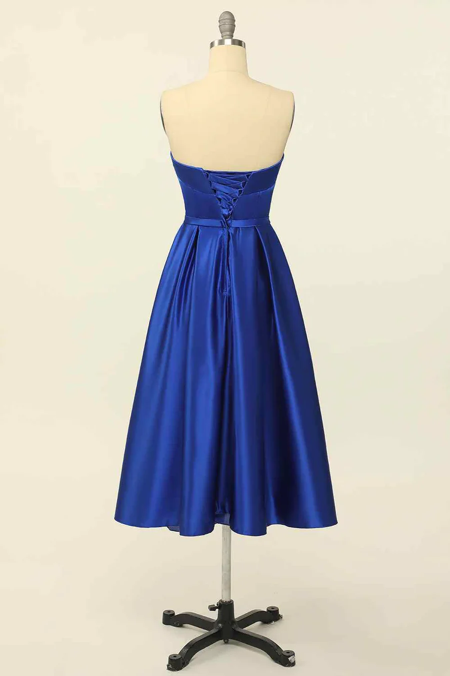 A-line Fold Strapless Lace-up Back Satin Tea Length Homecoming Dress BabaMila