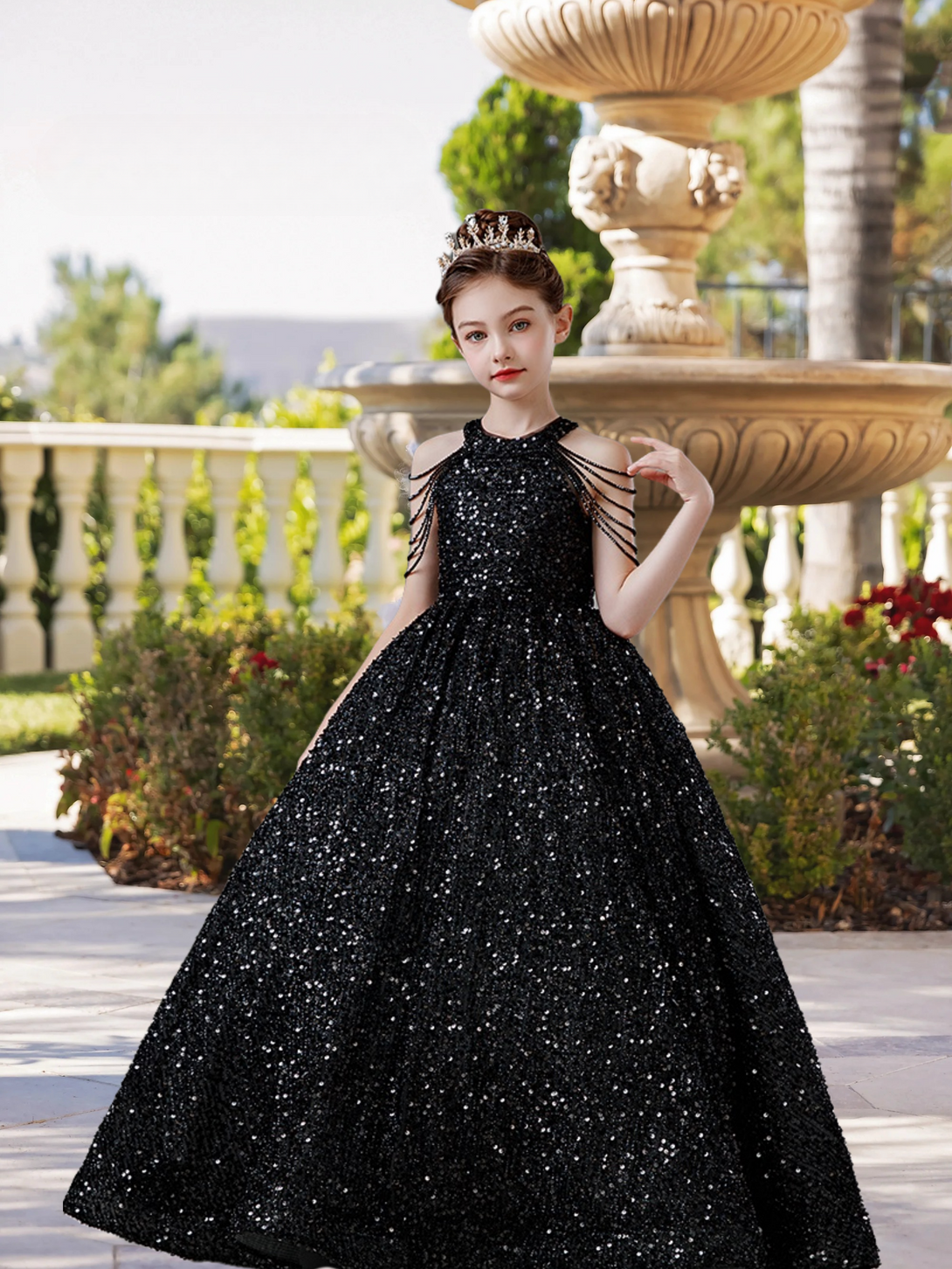 Halter Cold Shoulder Floor-Length Sequins Ball Gown/Princess With Beads Girls Gidiondress
