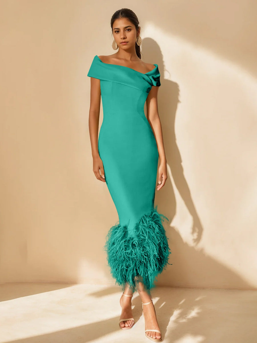 Sheath/Column Off-The-Shoulder Short Sleeves Tea-Length Unique Mother Of The Bride Dresses With Feathers BabaMila
