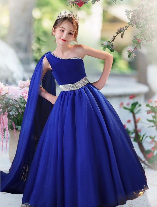 Ball Gown One-Shoulder Sleeveless Floor-Length Satin Flower Girl Dresses With Beads Belt Girls BabaMila as picture 12M