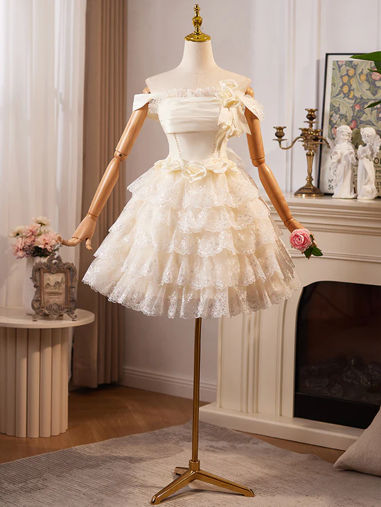 A-Line Off Shoulder Tulle Lace Short Champagne Prom Dress, Cute Homecoming Dress Homecoming Dress BabaMila