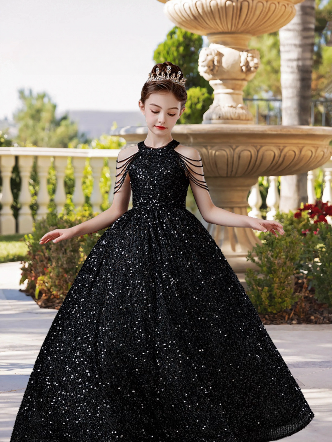 Halter Cold Shoulder Floor-Length Sequins Ball Gown/Princess With Beads Girls Gidiondress