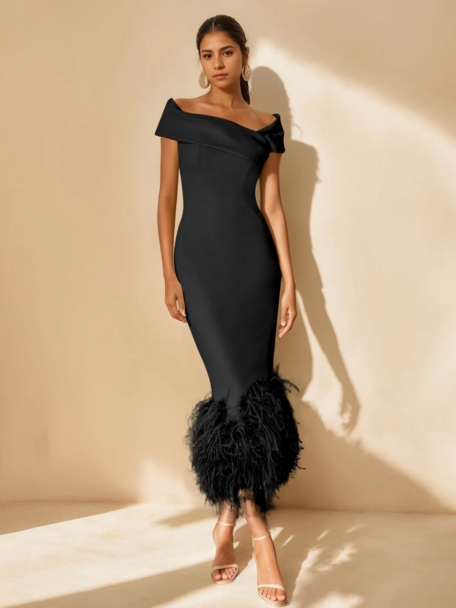 Sheath/Column Off-The-Shoulder Short Sleeves Tea-Length Unique Mother Of The Bride Dresses With Feathers BabaMila