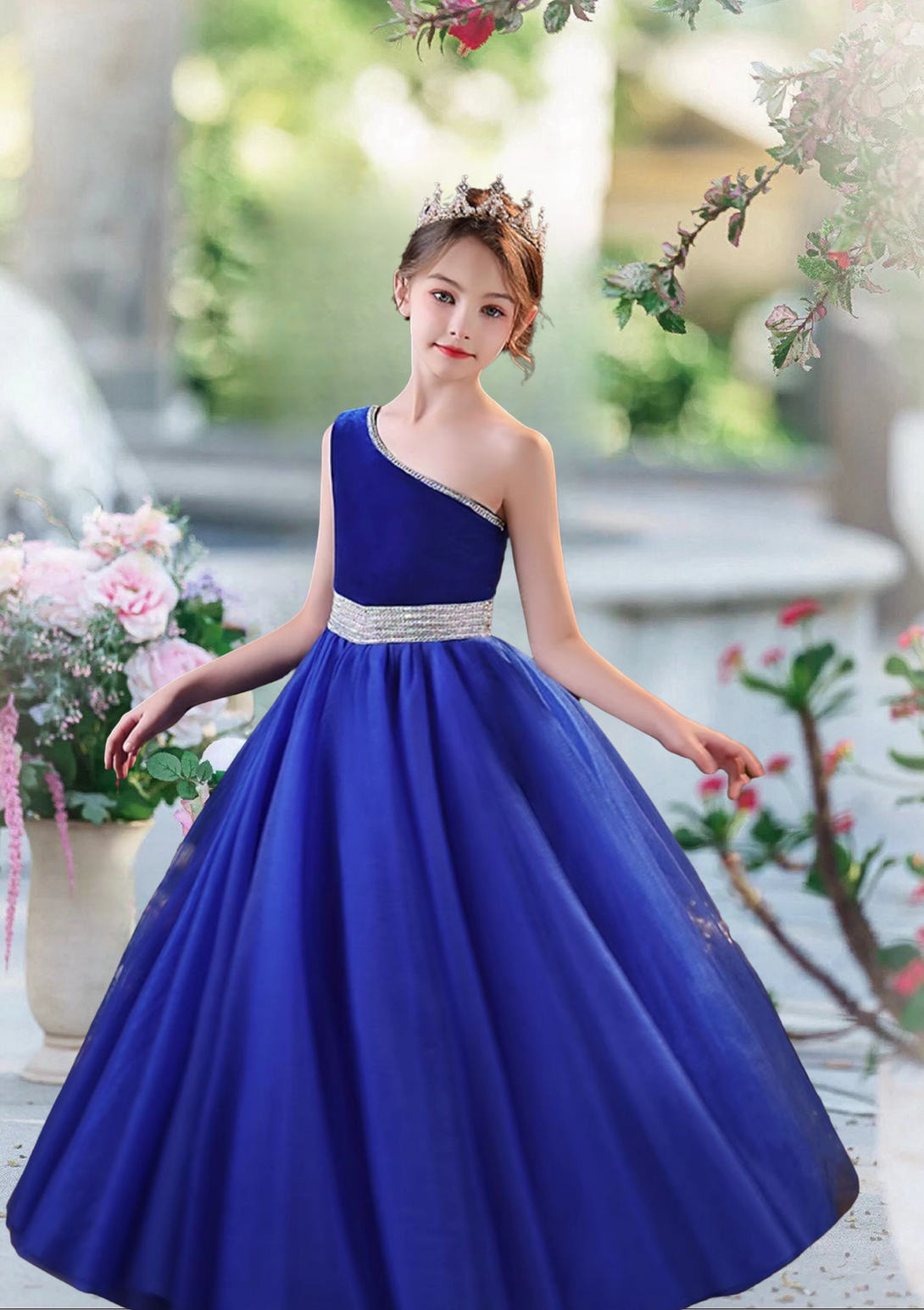 Ball Gown One-Shoulder Sleeveless Floor-Length Satin Flower Girl Dresses With Beads Belt Girls BabaMila