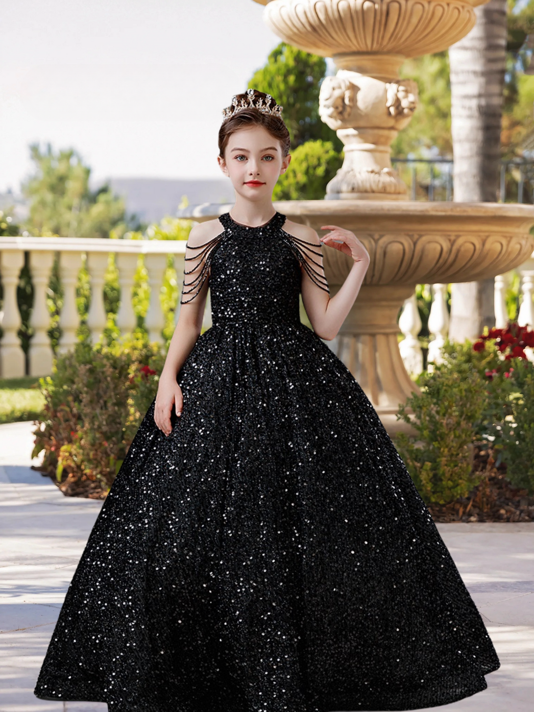 Halter Cold Shoulder Floor-Length Sequins Ball Gown/Princess With Beads Girls Gidiondress