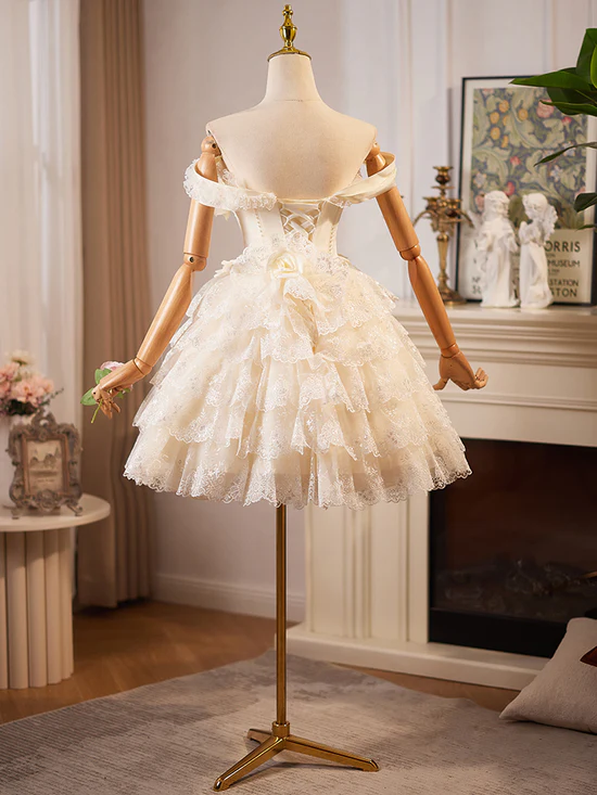 A-Line Off Shoulder Tulle Lace Short Champagne Prom Dress, Cute Homecoming Dress Homecoming Dress BabaMila