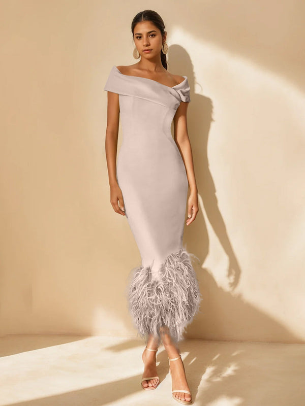 Sheath/Column Off-The-Shoulder Short Sleeves Tea-Length Unique Mother Of The Bride Dresses With Feathers BabaMila