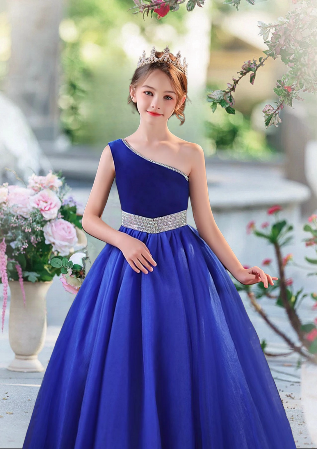 Ball Gown One-Shoulder Sleeveless Floor-Length Satin Flower Girl Dresses With Beads Belt Girls BabaMila
