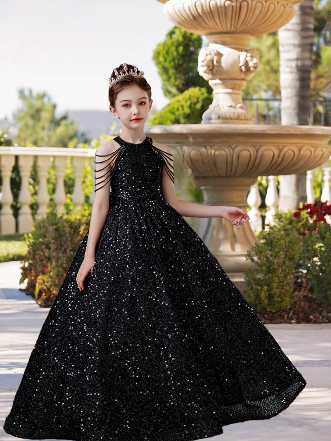 Halter Cold Shoulder Floor-Length Sequins Ball Gown/Princess With Beads Girls Gidiondress Black 12M