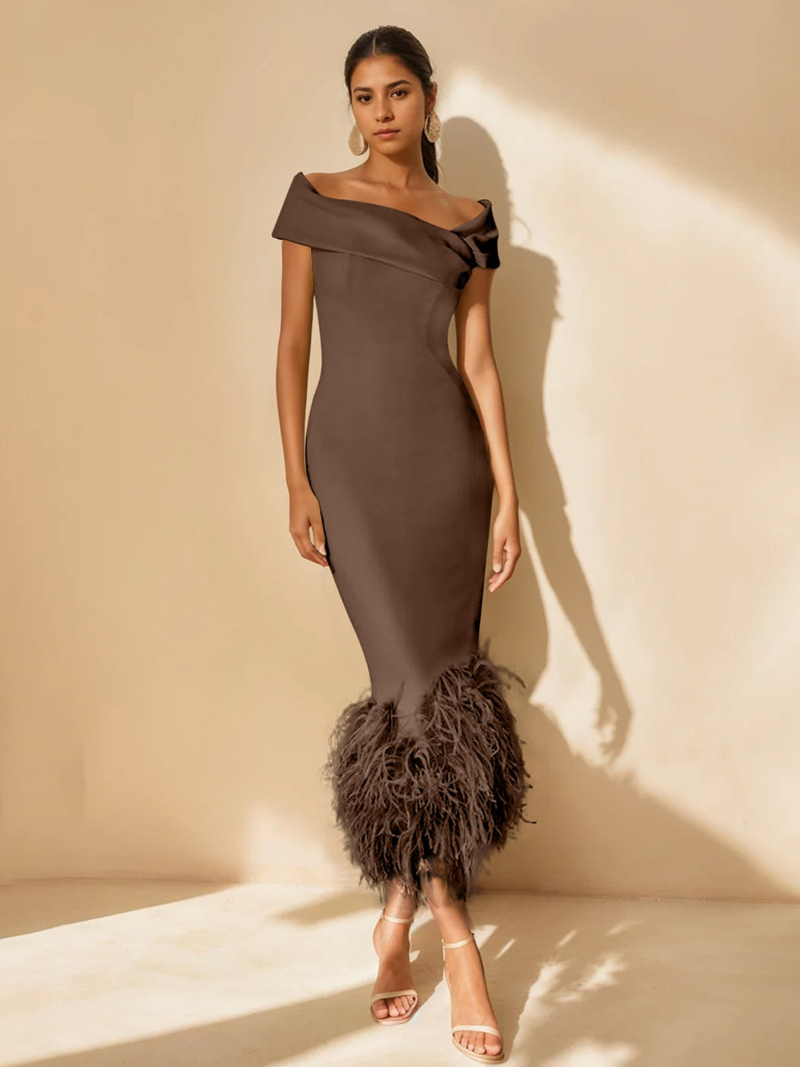 Sheath/Column Off-The-Shoulder Short Sleeves Tea-Length Unique Mother Of The Bride Dresses With Feathers BabaMila