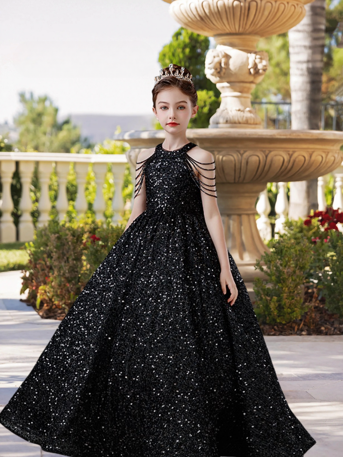 Halter Cold Shoulder Floor-Length Sequins Ball Gown/Princess With Beads Girls Gidiondress