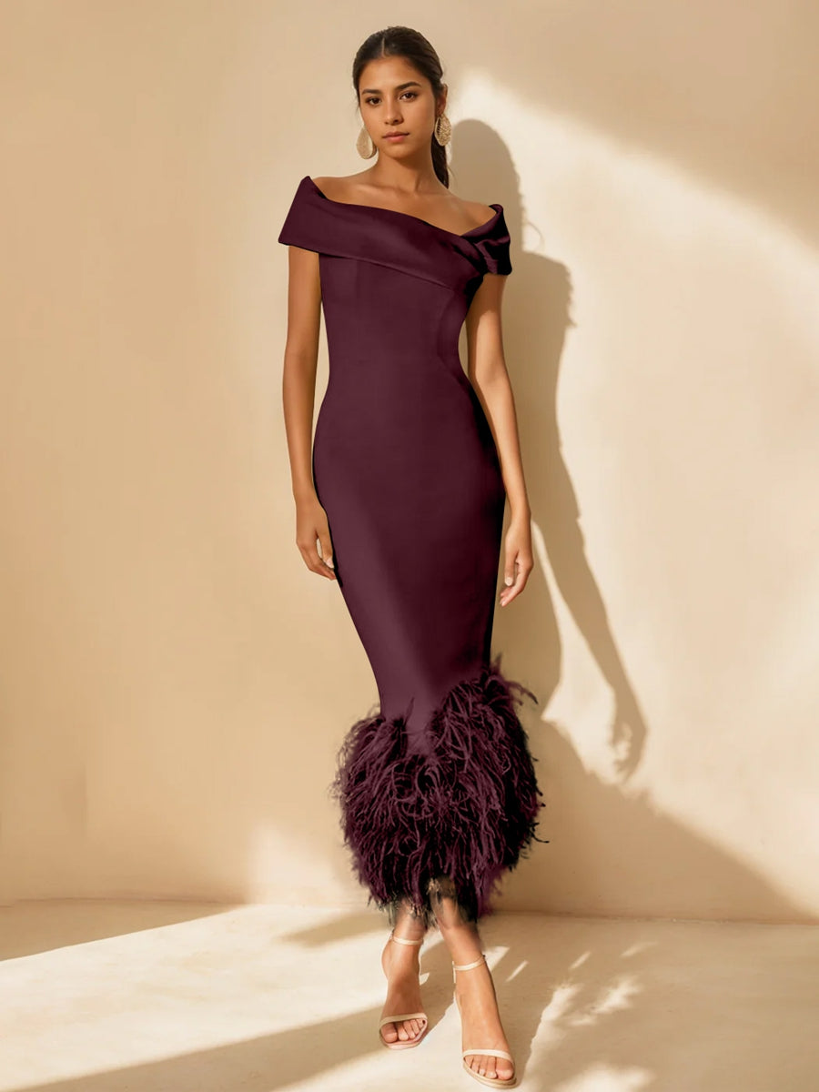 Sheath/Column Off-The-Shoulder Short Sleeves Tea-Length Unique Mother Of The Bride Dresses With Feathers BabaMila