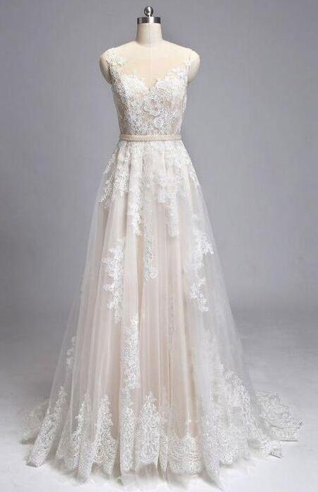 Champagne Round Neck A Line Tulle Lace Weeding Dress BabaMila
