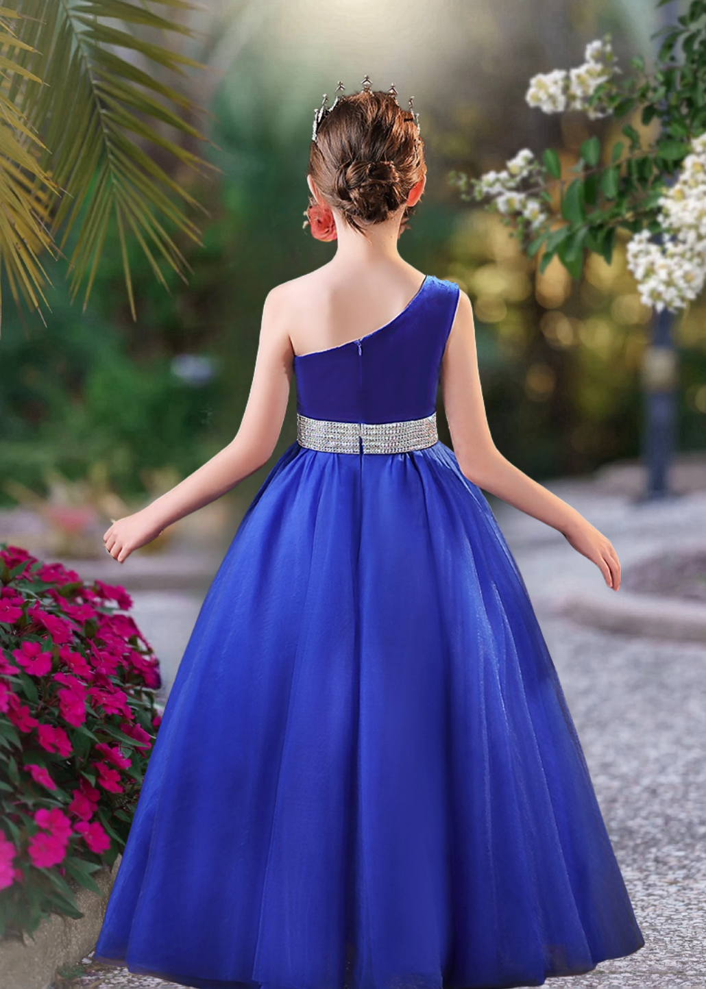 Ball Gown One-Shoulder Sleeveless Floor-Length Satin Flower Girl Dresses With Beads Belt Girls BabaMila