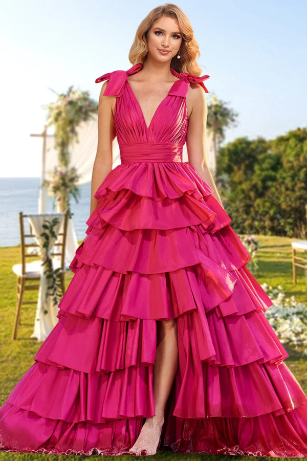 A-Line/Princess V-Neck Prom Dresses Sleeveless Floor-length Evening Party Dresses with Split Side & Ruffles BabaMila