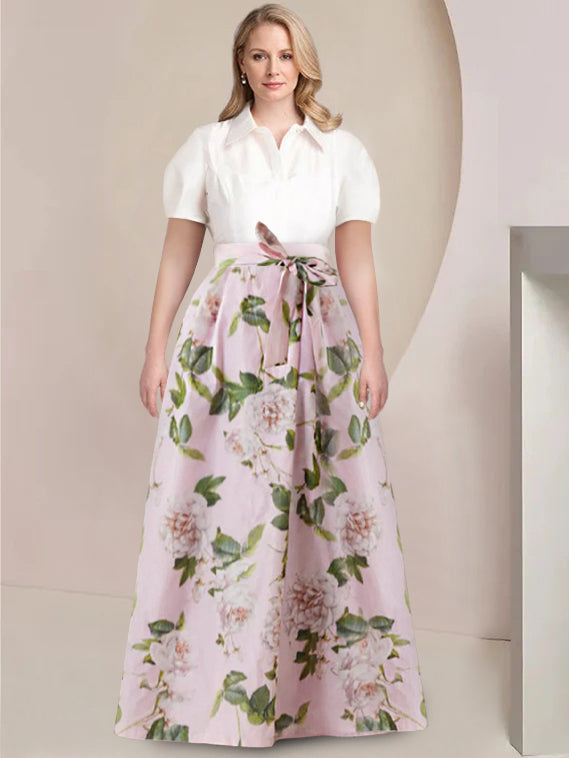 A-Line/Princess Shirt Collar Short Sleeves Floor-Length Printed Floral Plus Size Mother Of The Bride Dresses With Bow Belt BabaMila