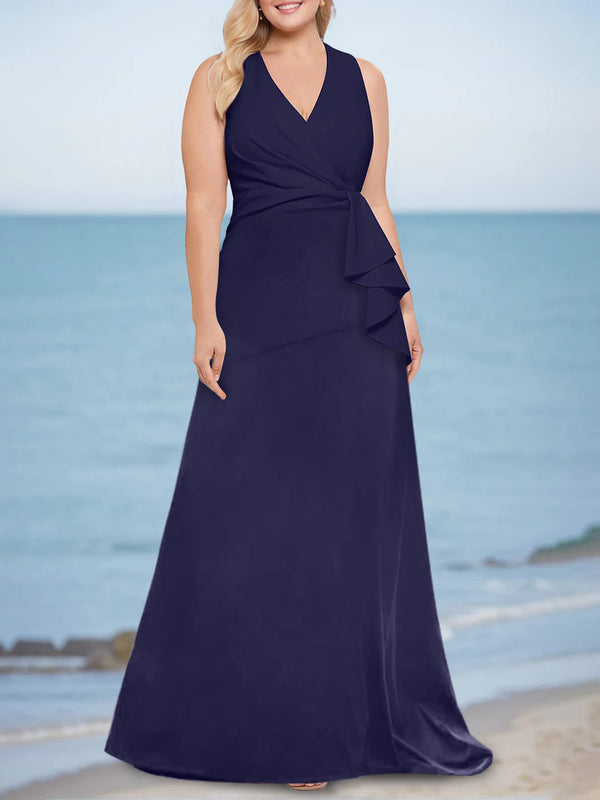 Trumpet/Mermaid V-Neck Sleeveless Floor-Length Plus Size Mother Of The Bride Dresses With Ruffles BabaMila