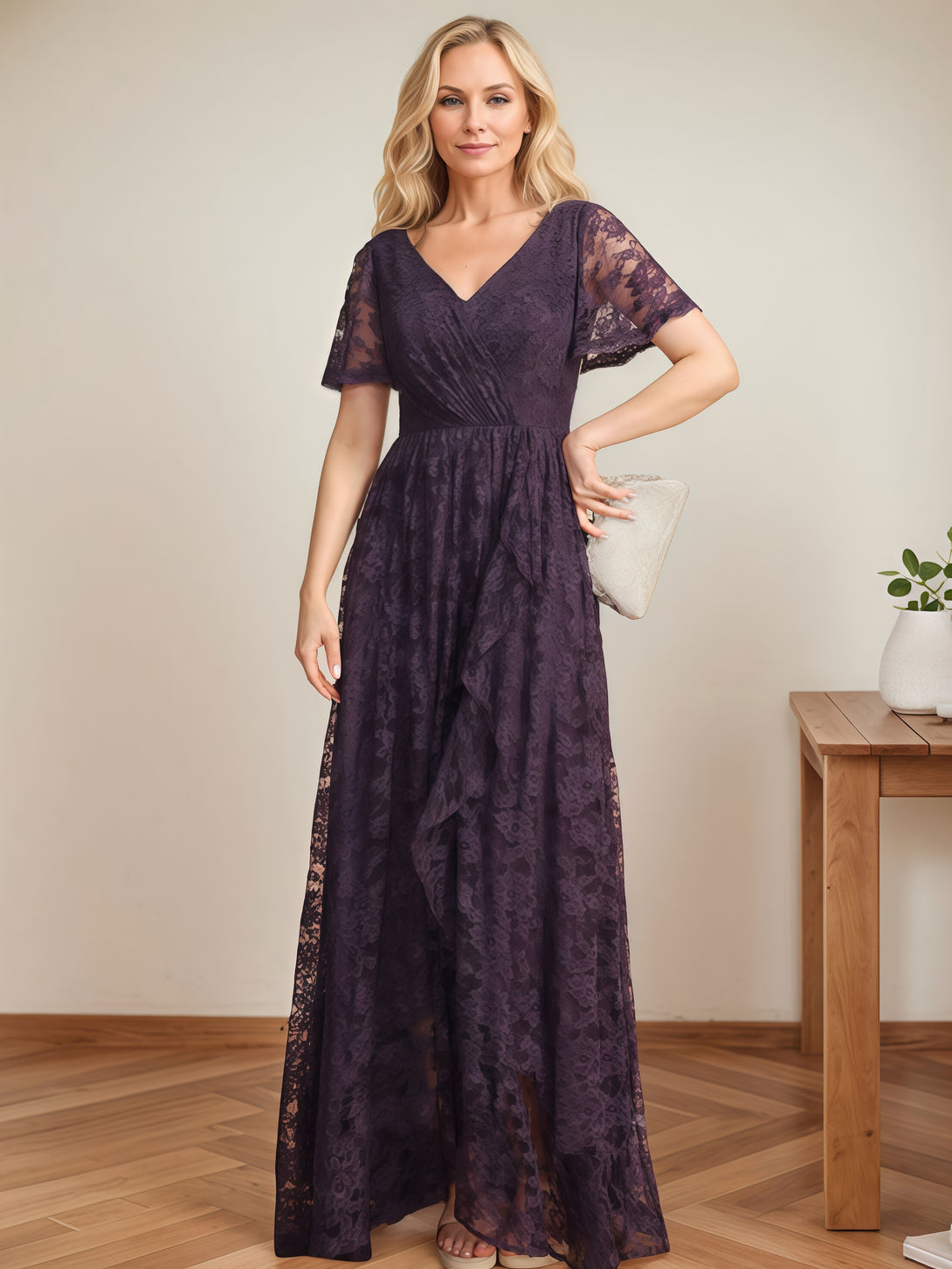 V-Neck Flutter Straps A-Line Floor-Length Lace/Chiffon Mother of the Bride Dress With Cascading Ruffles/Appliques BabaMila