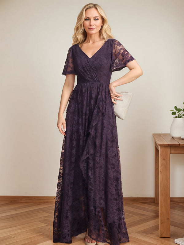 V-Neck Flutter Straps A-Line Floor-Length Lace/Chiffon Mother of the Bride Dress With Cascading Ruffles/Appliques BabaMila