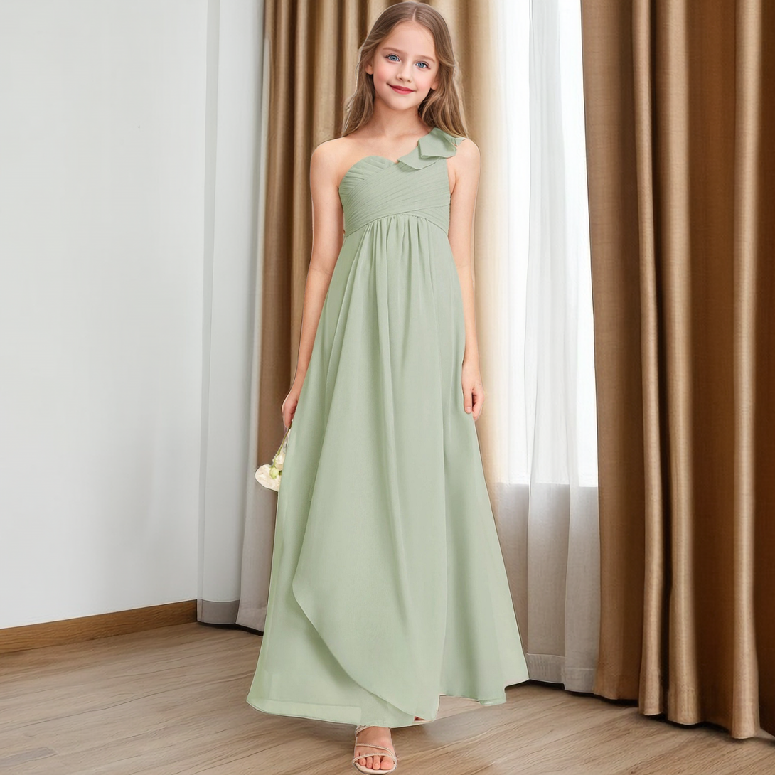 One Shoulder Ruffle Dusty Sage Chiffon Junior Bridesmaid Dresses Girls Gidiondress
