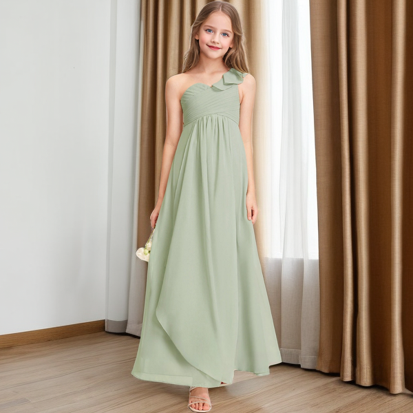 One Shoulder Ruffle Dusty Sage Chiffon Junior Bridesmaid Dresses Girls Gidiondress