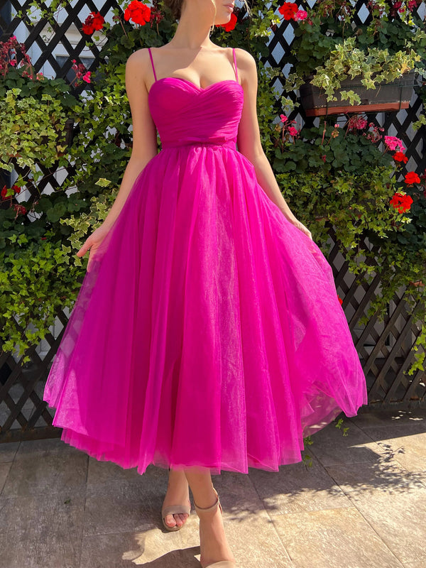 A-Line/Princess Spaghetti Straps Tulle Tea-Length Prom Dresses With Belt BabaMila