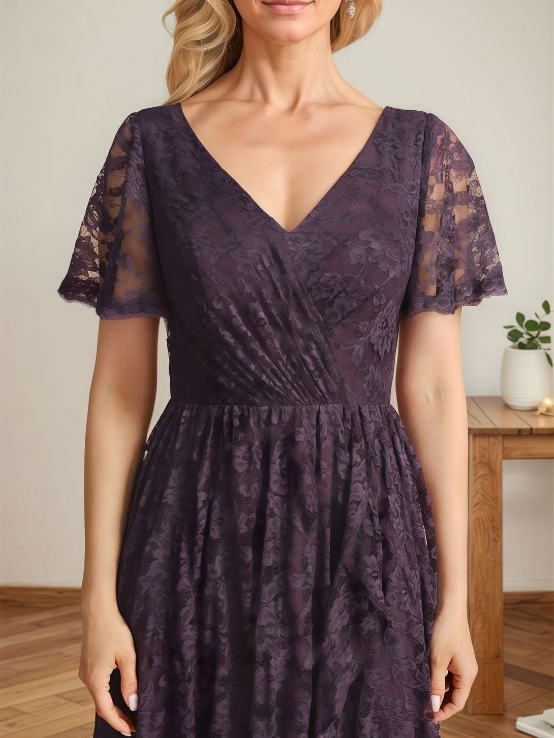 V-Neck Flutter Straps A-Line Floor-Length Lace/Chiffon Mother of the Bride Dress With Cascading Ruffles/Appliques BabaMila