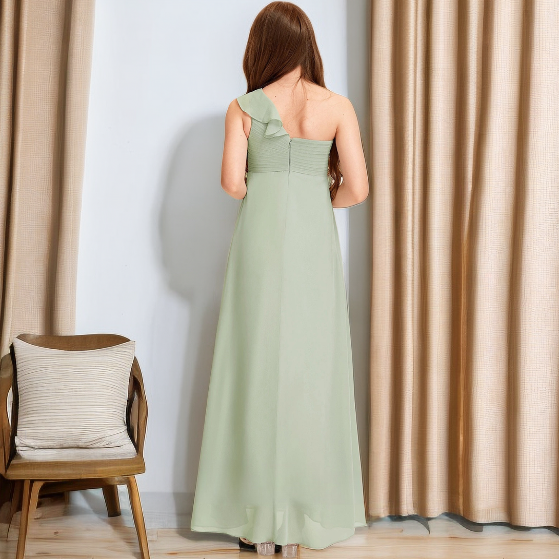 One Shoulder Ruffle Dusty Sage Chiffon Junior Bridesmaid Dresses Girls Gidiondress