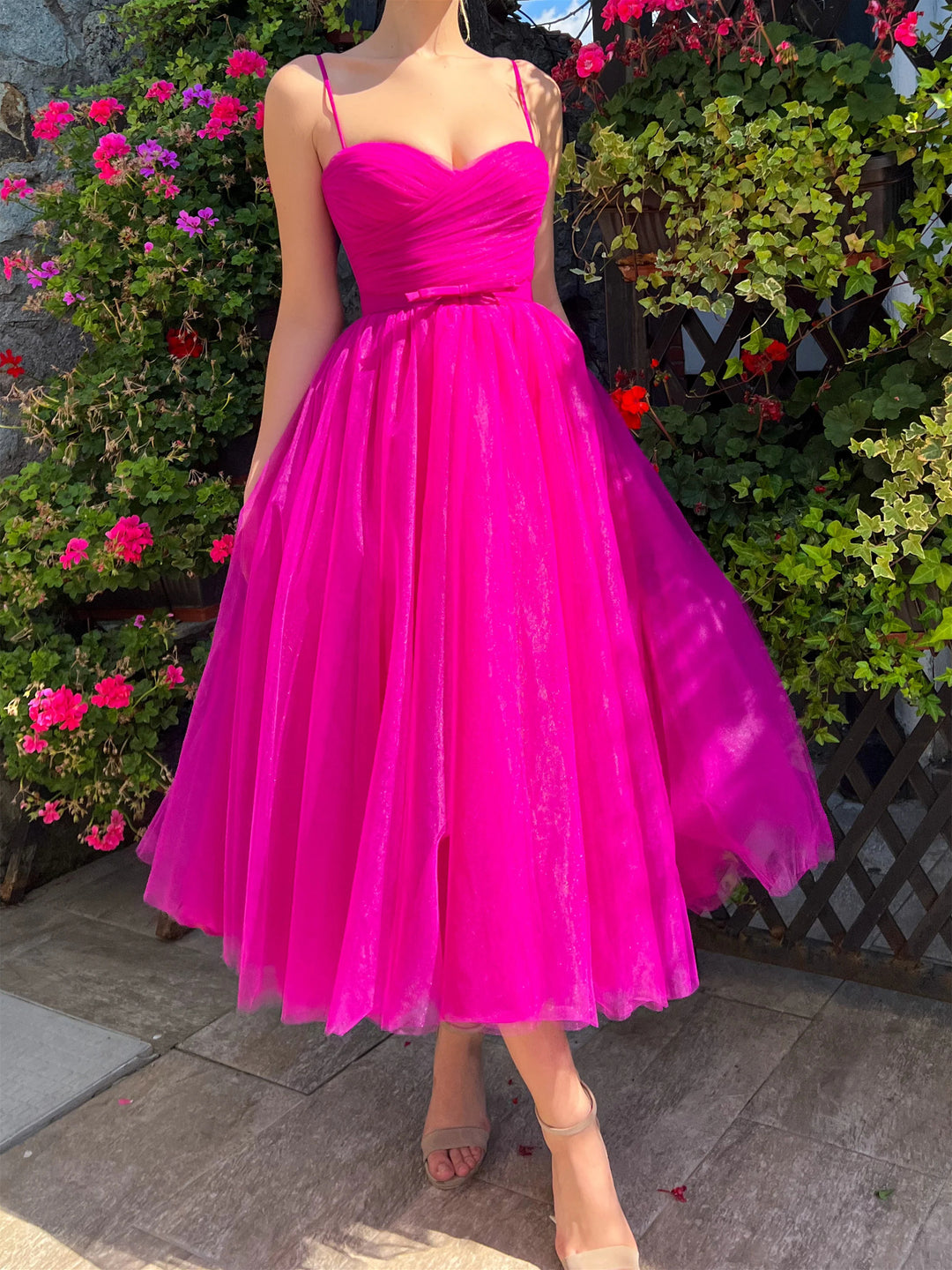 A-Line/Princess Spaghetti Straps Tulle Tea-Length Prom Dresses With Belt BabaMila