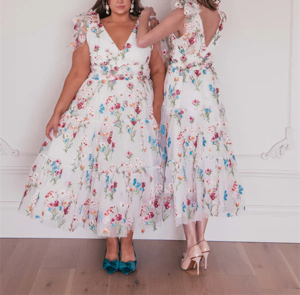 A-Line/Princess V-Neck Sleeveless Ankel-Length Floral Formal Party Dresses With Flowers BabaMila