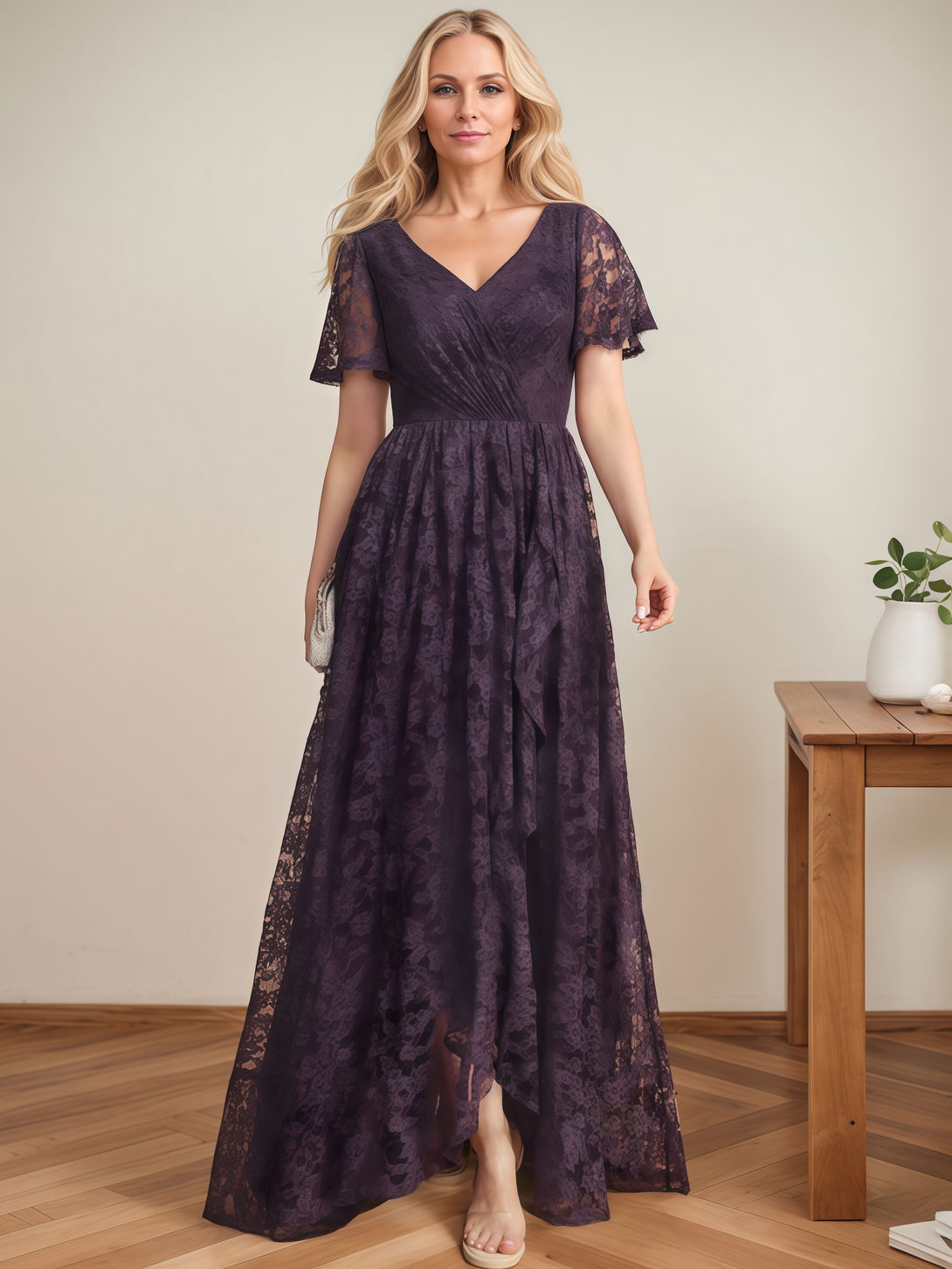 V-Neck Flutter Straps A-Line Floor-Length Lace/Chiffon Mother of the Bride Dress With Cascading Ruffles/Appliques BabaMila