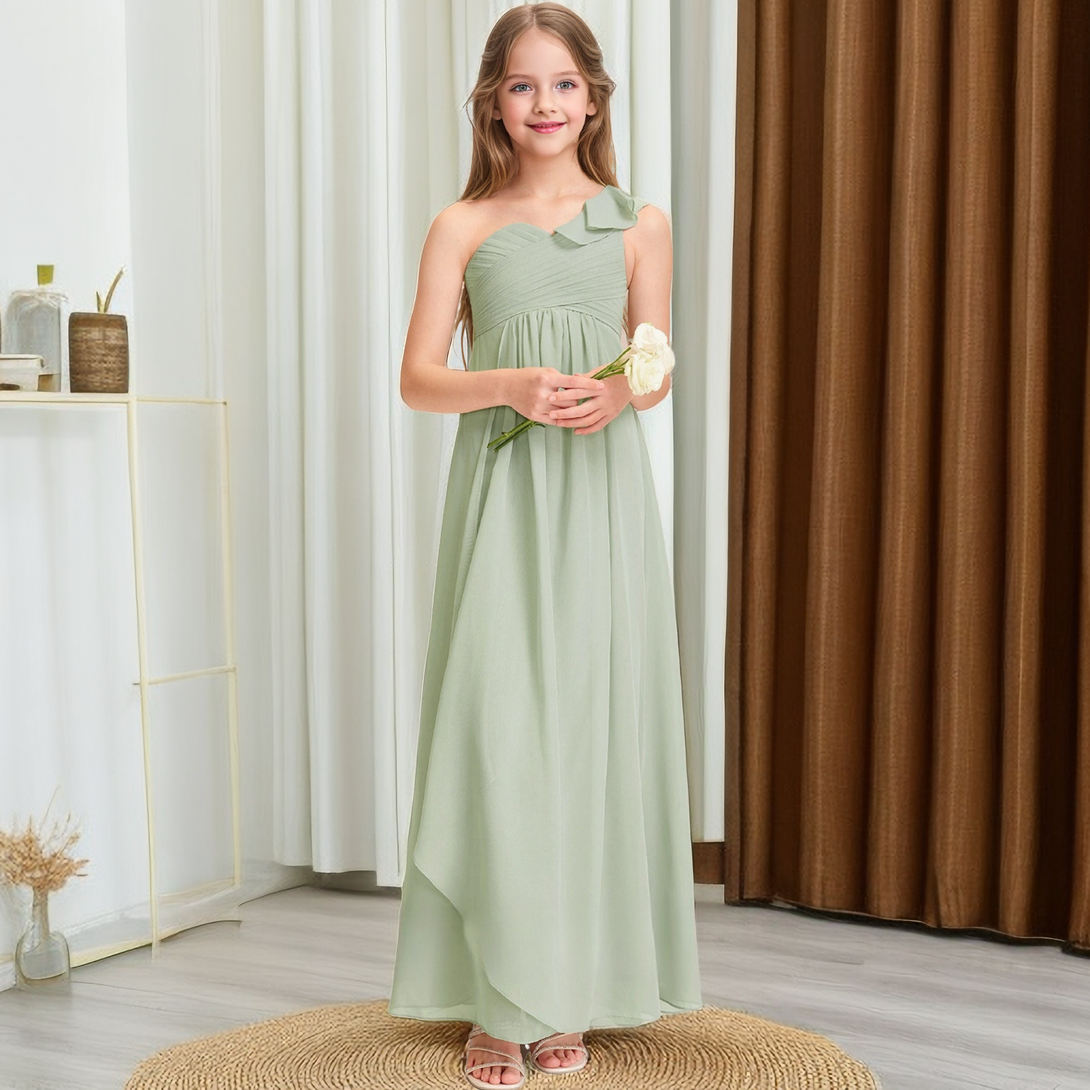 One Shoulder Ruffle Dusty Sage Chiffon Junior Bridesmaid Dresses Girls Gidiondress as picture 12M
